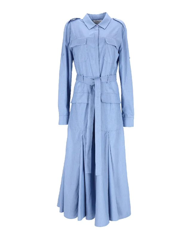 Women's Sleeveless DressesGabriela Hearst Meyer Pleated Belted Shirt Dress In Blue Cotton