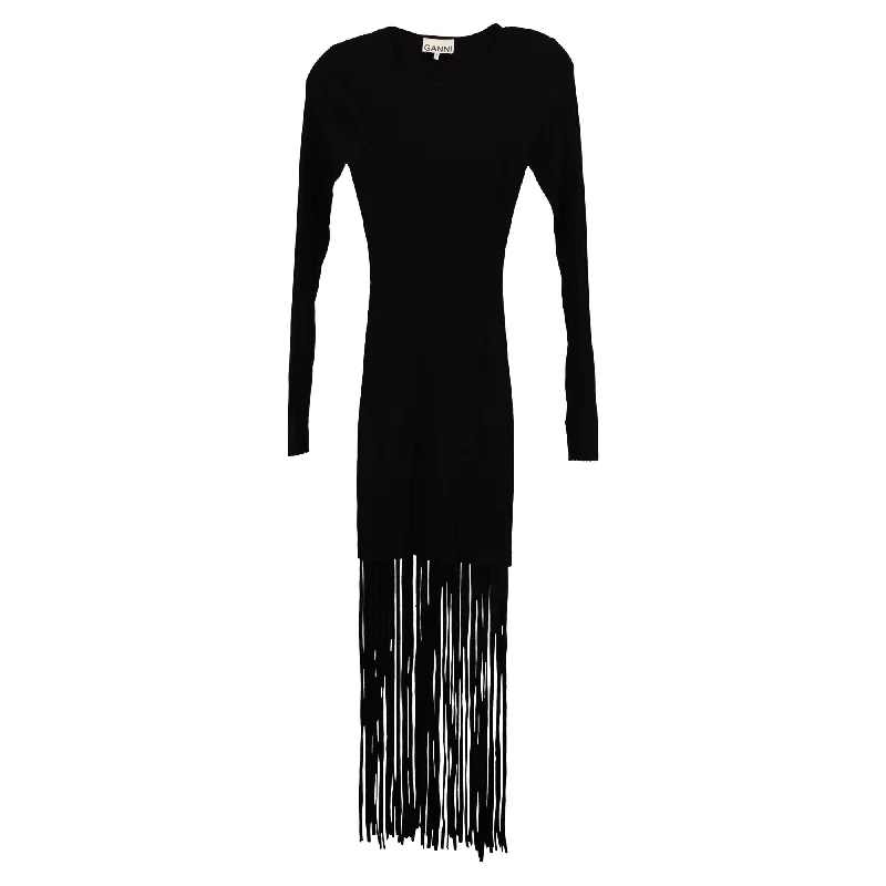 Women's Peter Pan Collar DressesGanni Fringed Dress in Black Wool