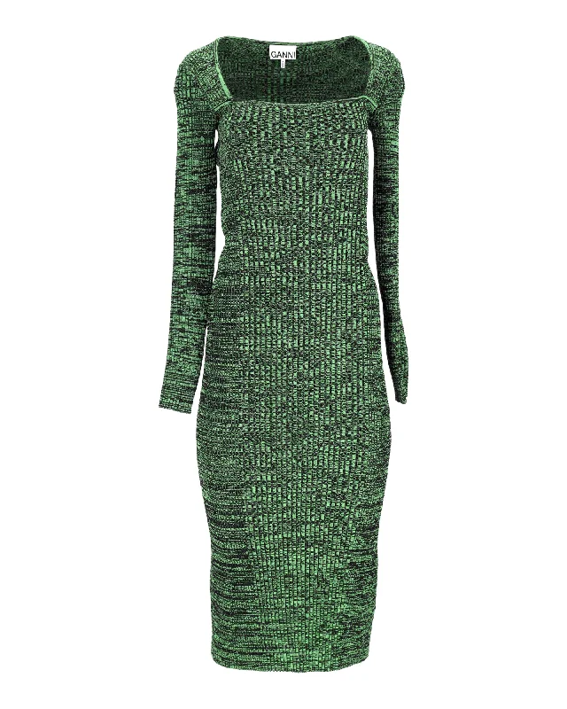 Women's Off-the-Shoulder DressesGanni Square Neck Knitted Dress in Green Viscose