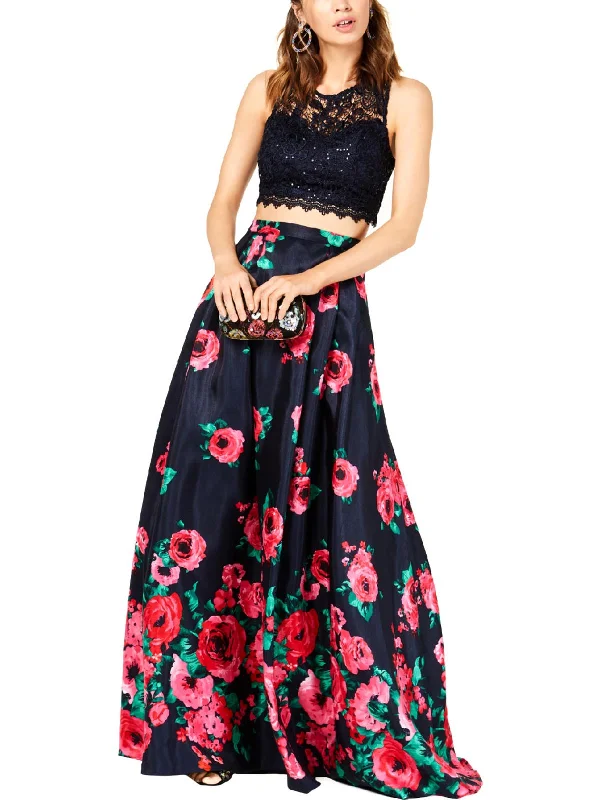 Women's U-Shaped-Neck DressesJuniors Womens Floral Lace-Sequined Formal Dress