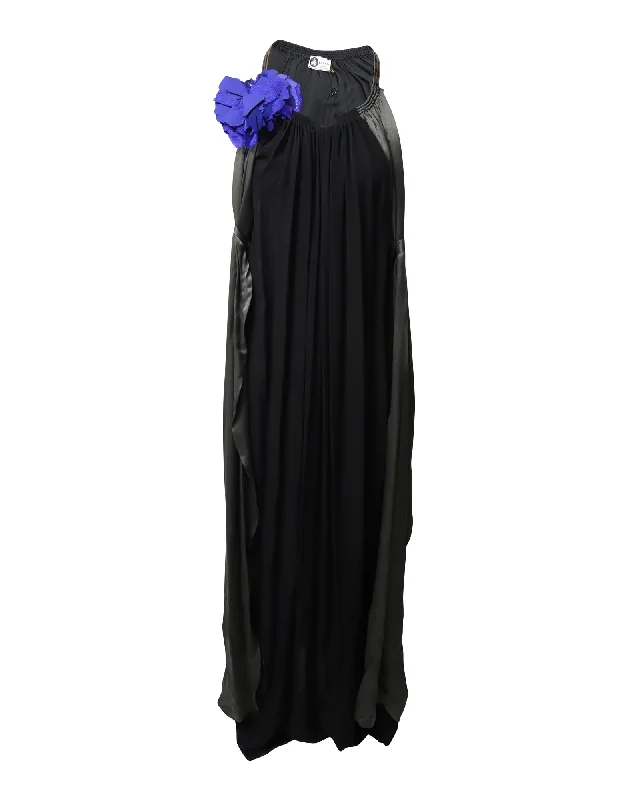 Women's Narrow Collar DressesLanvin Flower Applique Evening Dress in Black Silk