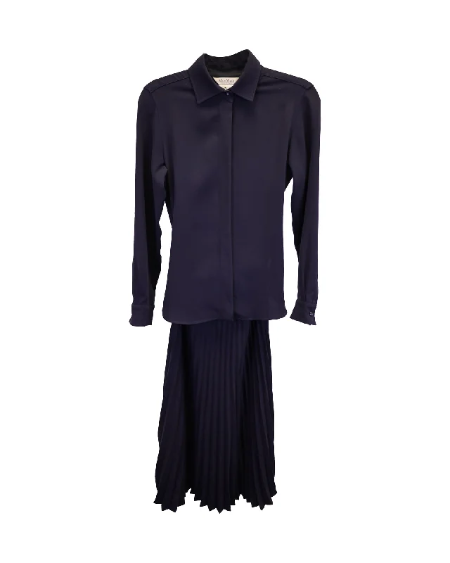 Women's Square Collar DressesMax Mara Pleated Carmine Shirt Dress in Navy Blue Triacetate