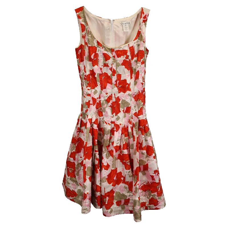 Women's Narrow Collar DressesOscar de la Renta Square Neck Floral Print Dress in Red Silk