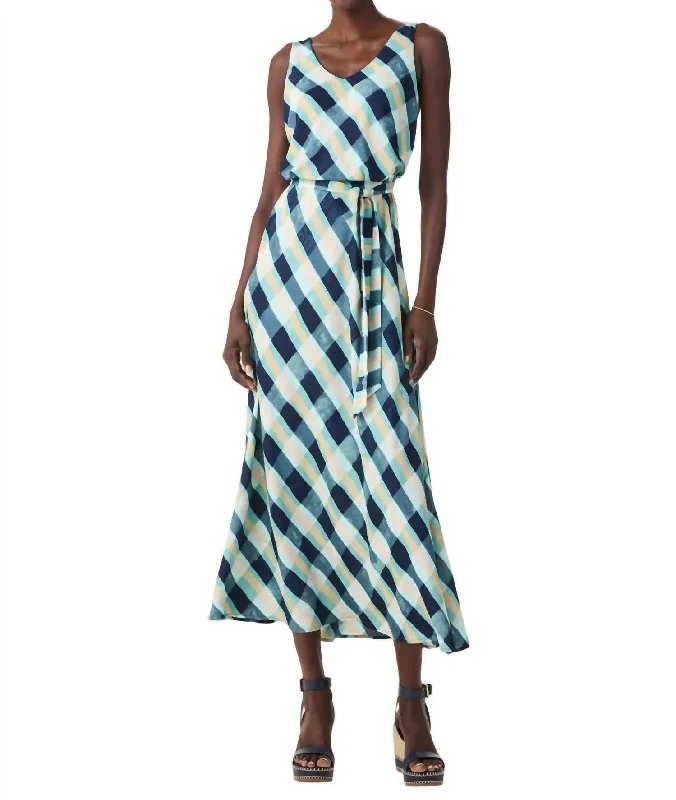 Women's U-Shaped Collar DressesPainted Plaid Bianca Dress In Aqua Multi