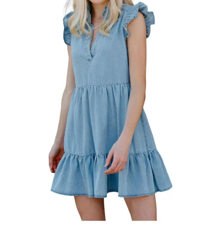 Women's Narrow Collar DressesRuffle Denim Dress In Blue