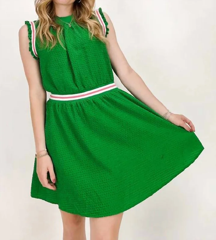 Women's Pleated DressesSporty Stripe Cotton Dress In Green