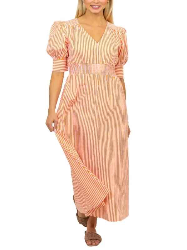 Women's Notched Collar DressesStripe Poplin Vneck Dress In Orange