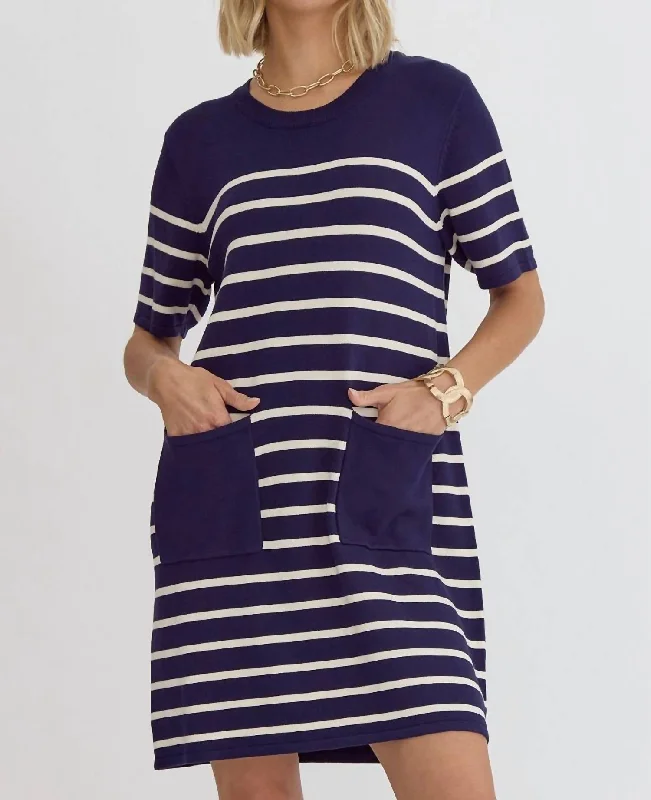 Women's Ruffled DressesStripe Short Sleeve Dress In Navy