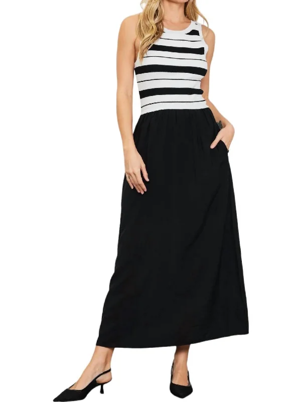 Women's Lapel Collar DressesStriped Sleeveless Dress In Black