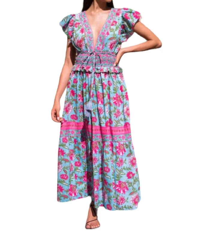 Women's V-Shaped Collar DressesThea Dress In Pink And Aqua