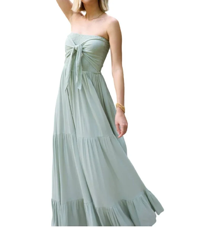 Women's Collarless DressesTie Front Strapless Dress In Aloe Green