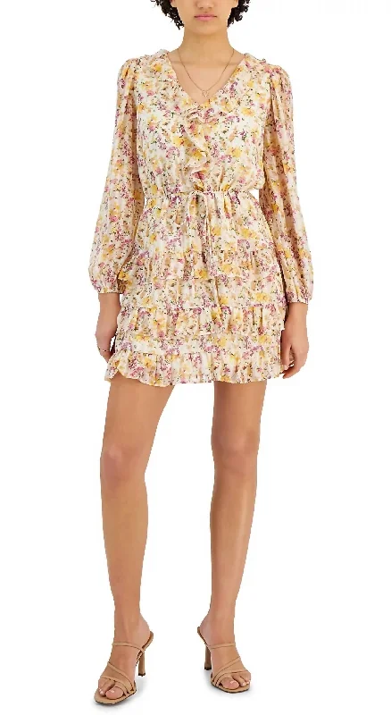 Women's Mini DressesTie Waist Ruffle Dress In Yellow Floral